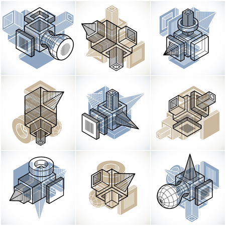 Abstract three dimensional shapes set, vector designs.のイラスト素材