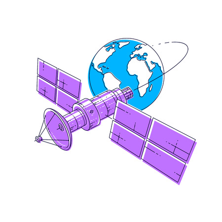Communication satellite flying orbital spaceflight around earth, spacecraft space station with solar panels and satellite antenna plate. Thin line 3d vector illustration.のイラスト素材
