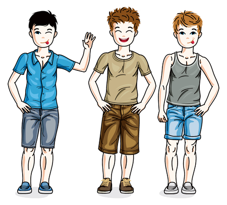 Beautiful young teenager boys group posing in stylish casual clothes. Vector diversity kids illustrations set.のイラスト素材
