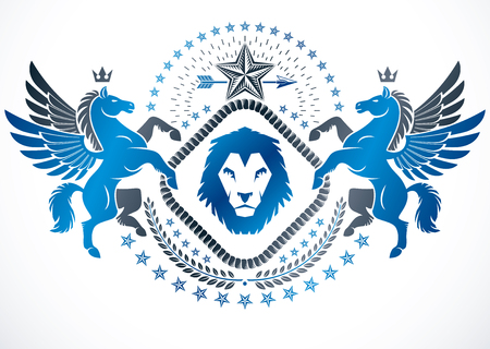 Vector emblem made in vintage heraldic design. Heraldic emblem decorated with winged Pegasus, wild lion and pentagonal stars.のイラスト素材