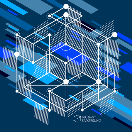 Vector of modern abstract cubic lattice lines blue black background. Layout of cubes, hexagons, squares, rectangles and different abstract elements. Abstract technical 3D background.のイラスト素材