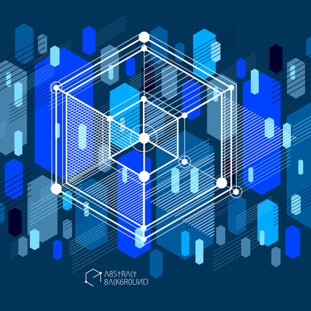 Abstract vector geometric isometric dark blue background. Mechanical scheme, vector engineering drawing with cube and geometric mechanism parts.のイラスト素材