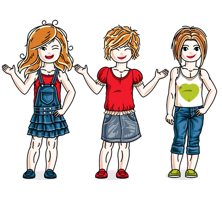 Cute little girls standing in stylish casual clothes. Vector set of beautiful kids illustrations.のイラスト素材