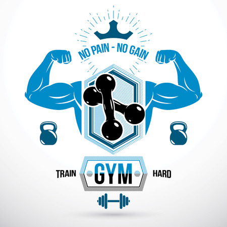 Graphic vector sign created with strong athlete biceps arm, dumb-bell and kettle bell sport equipment. Sport emblem for weightlifting gym and fitness clubのイラスト素材