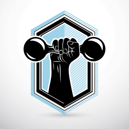 Vector illustration of strong man biceps arm holding dumbbell. Weight liftingのイラスト素材