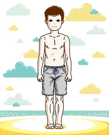 Beautiful happy young teenager boy posing wearing fashionable beach shorts. Vector human illustration. Childhood lifestyle cartoon.のイラスト素材