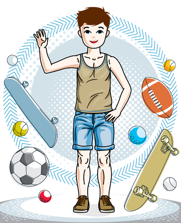 Child young teen boy cute standing in stylish casual clothes. Vector human illustration. Fashion and lifestyle theme cartoon.のイラスト素材