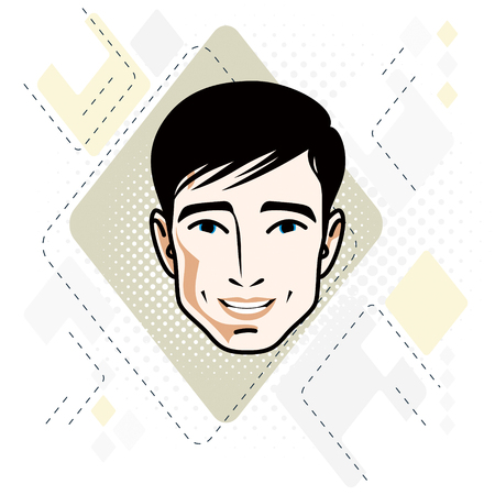 Vector illustration of handsome brunet male face, positive face features, clipart.のイラスト素材