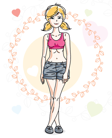 Young beautiful blonde woman posing on bright background with loving hearts and wearing casual clothes. Vector attractive female illustration. Valentine day theme cartoon.のイラスト素材