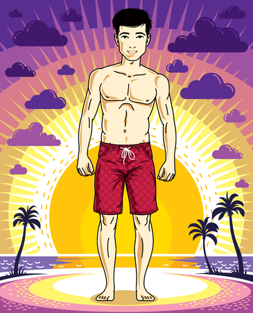 Handsome brunet man poses in shorts on background of sunset landscape with palms. Vector character. Summer holidays theme.のイラスト素材