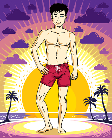 Handsome brunet man poses in shorts on background of sunset landscape with palms. Vector character. Summer holidays theme.のイラスト素材
