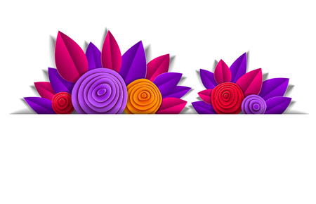 Background with autumn flowers and leaves paper cut style line design element, copy space for text, vector floral illustration. Wedding invitation or romantic greeting card.のイラスト素材