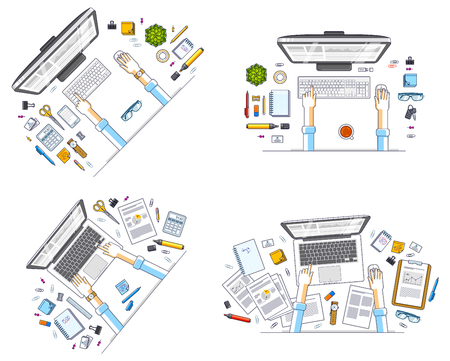 Work desks workspaces top view with hands of office workers or entrepreneurs, PC computers and a lot of different stationery objects on tables. All elements are easy to use separately. Vector set.のイラスト素材