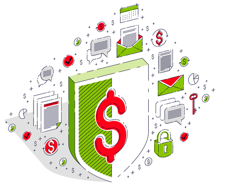 Protection of finances concept, financial safety, Life Buoy and Shield isolated on white background. Vector 3d isometric business illustration with icons, stats charts and design elements.のイラスト素材