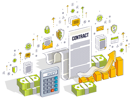 Financial contract concept, paper legal document and cash money stacks isolated on white background. Vector 3d isometric business illustration with icons, stats charts and design elements.のイラスト素材