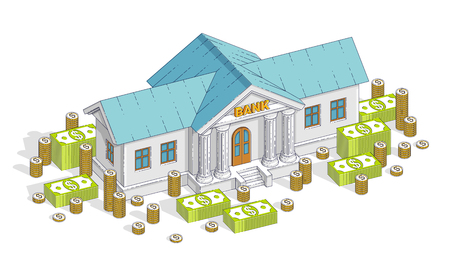 Bank building with cash money dollar pile and coin stack cartoon isolated over white background. Vector 3d isometric business and finance illustration, thin line design.のイラスト素材