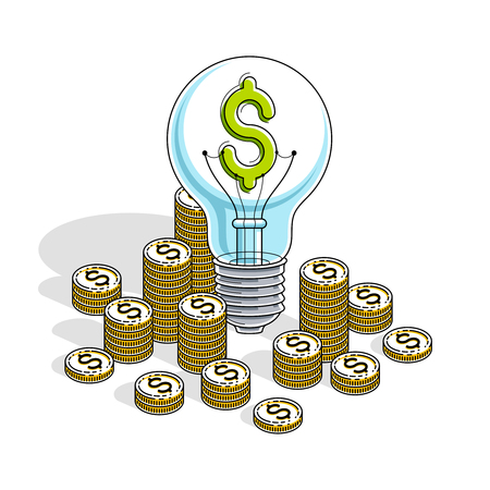 Business creative Idea concept, Light Bulb with cash money stack and coins piles. 3d vector business and finance design, isometric thin line illustration.のイラスト素材