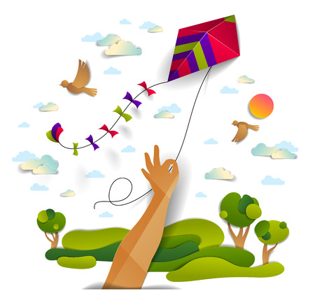Hand holding kite over cloudy sky birds flying and sun, meadows and trees scenic nature landscape, freedom and easiness emotional concept, vector modern style paper cut 3d illustration.のイラスト素材