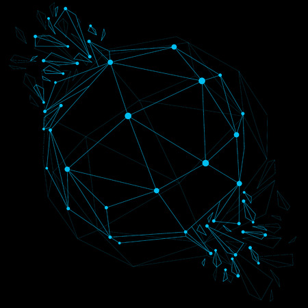 Vector dimensional wireframe luminescent object with blue connected lines, spherical demolished shape with refractions and wreckage. 3d mesh global technology element broken into pieces.のイラスト素材