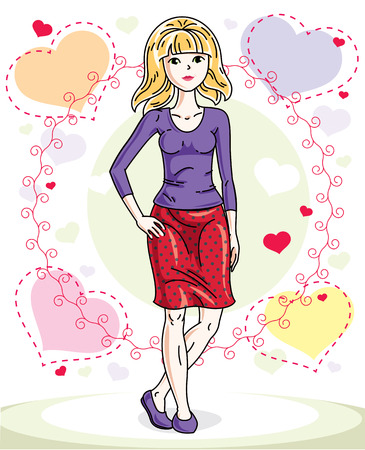 Attractive young blonde woman adult standing on colorful backdrop with Valentine romantic hearts in casual clothes. Vector human illustration.のイラスト素材