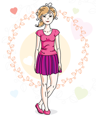 Young beautiful blonde woman standing on colorful backdrop with romantic hearts and wearing casual clothes. Vector character.のイラスト素材