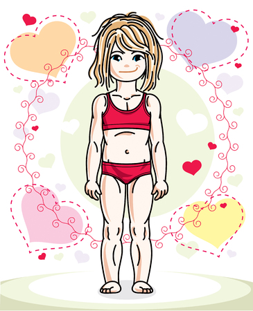 Beautiful happy little blonde girl in stylish casual clothes posing on colorful backdrop with romantic hearts. Vector illustration of attractive kid.のイラスト素材