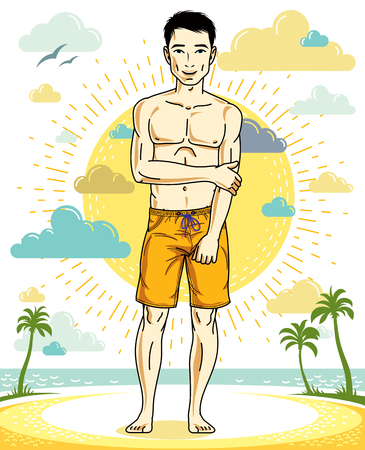 Handsome brunet young man standing on tropical beach in shorts. Vector athletic male illustration. Summer vacation lifestyle theme cartoon.のイラスト素材