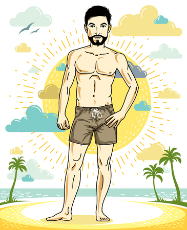 Handsome brunet man with beard and whiskers poses on tropical beach in shorts. Vector character. Summer holidays theme.のイラスト素材