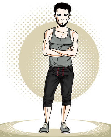 Athletic brunet young adult man standing. Vector character with beard wearing sport clothes, healthy lifestyle and fitness theme.のイラスト素材