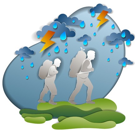 Active father and son hiking in storm with lightning and rain, motivation, survival test. Vector illustration of stormy weather with hiking guys carrying backpacks, dark cloudy sky, holidays.のイラスト素材