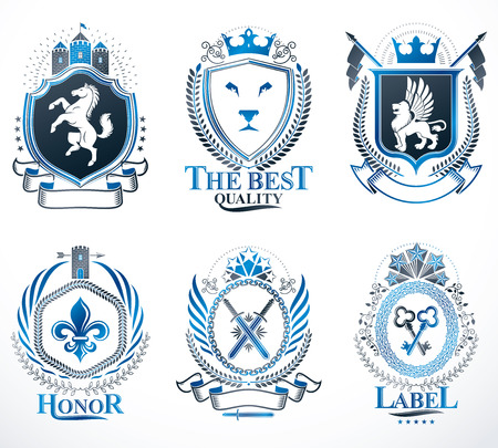 Set of vector retro vintage insignias created with design elements like medieval castles, armory, wild animals, imperial crowns. Collection of coat of arms.のイラスト素材