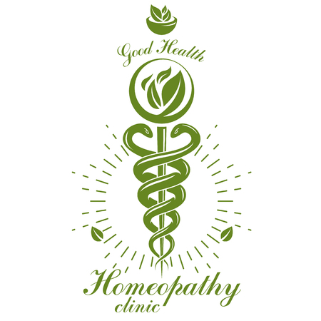 Aesculapius vector abstract logo, Caduceus symbol composed with mortar and pestle for use in medical treatment.のイラスト素材