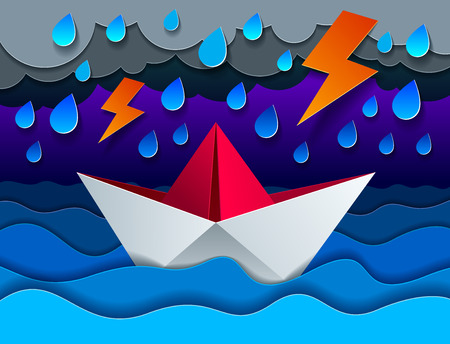 Origami paper ship toy swimming in thunderstorm with lightning, curvy waves of the sea and clouds in the sky, beautiful vector illustration in paper cut style.のイラスト素材