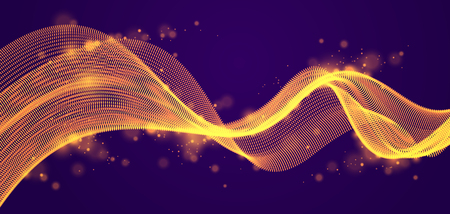Wave line of flowing particles over dark abstract vector background, smooth curvy shape shining dots fluid array. 3d dots blended mesh, future technology relaxing wallpaper.のイラスト素材