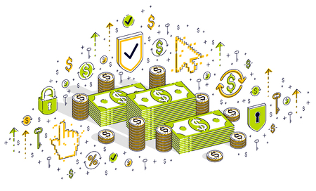 Cash money dollar stacks and coins cents piles isolated on white background. Isometric 3d vector finance and business illustration with icons, stats charts and design elements.のイラスト素材