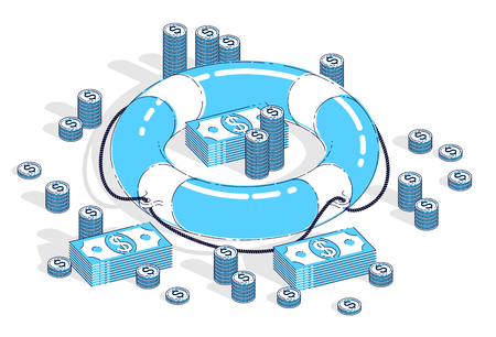 Insurance concept, Life buoy lifebelt with cash money dollar stack and coins isolated on white background. Vector 3d isometric business and finance illustration, thin line design.のイラスト素材