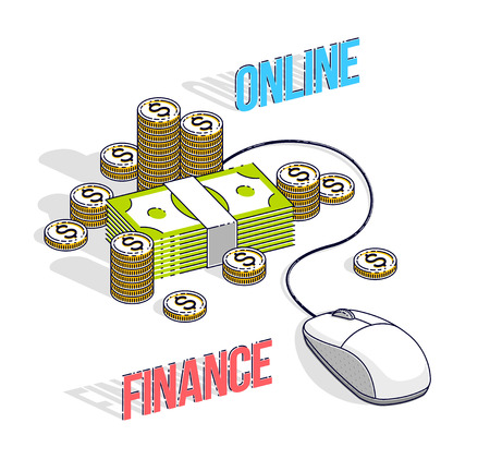 Online finance concept, web payments, internet earnings, online banking, cash money stacks with computer mouse connected to piles. Isometric 3d vector business and finance illustration.のイラスト素材