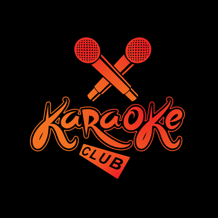 Karaoke club inscription, nightlife entertainment conceptual vector emblem created using recorder microphone audio device.のイラスト素材