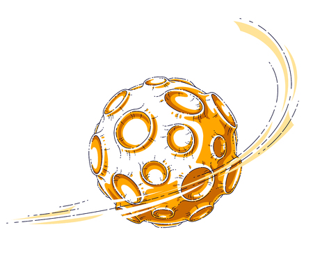 Small cartoon vector fantastic planet with craters from asteroid and meteorite rains fall. Thin line 3d vector illustration isolated on white background.のイラスト素材