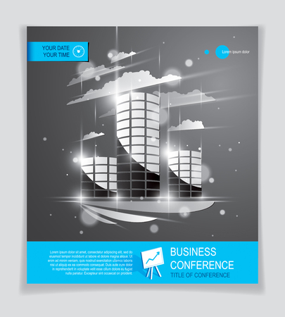 Office building brochure, modern architecture vector flyer with blurred lights and glares effect. Real estate business center grey design. 3D futuristic facade business conference print template.のイラスト素材