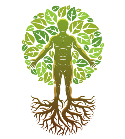 Vector illustration of human, athlete created as continuation of tree with strong roots and surrounded by eco green leaves. Environmental conservation theme, green innovation metaphor.のイラスト素材