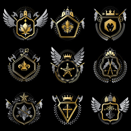 Heraldic decorative emblems made with royal crowns, animal illustrations, religious crosses, armory and medieval castles. Collection of symbols in vintage style.のイラスト素材