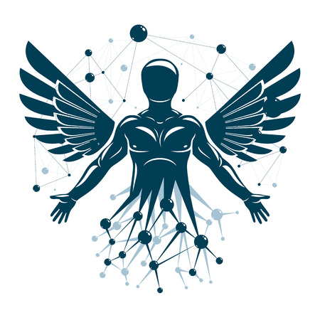 Athletic man vector illustration made with wireframe mesh connections and bird wings. Biotechnology in medicine.のイラスト素材
