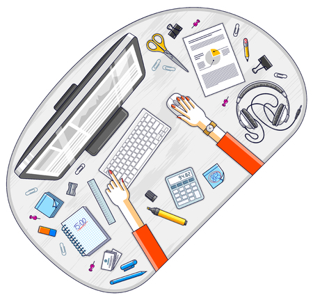 Work desk workspace top view with hands of office worker or entrepreneur, PC computer and a lot of different stationery objects on table. All elements are easy to use separately. Vector.のイラスト素材