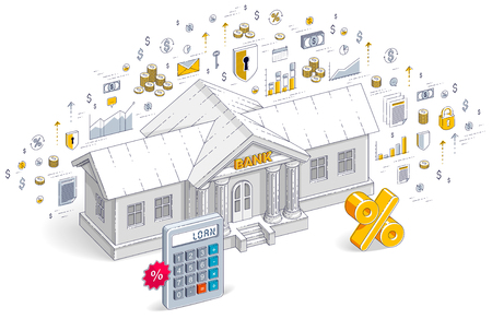 Credit concept, bank building with calculator and percent symbol isolated on white background, banking theme. 3d vector business isometric illustration with icons, stats charts and design elements.のイラスト素材