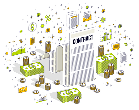 Financial contract concept, paper legal document and cash money stacks isolated on white background. Vector 3d isometric business illustration with icons, stats charts and design elements.のイラスト素材