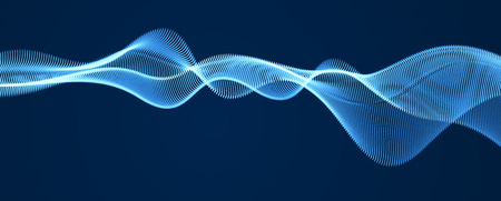 Flowing energy particles, wave of blended dots over dark. Curved dotted 3d lines vector illustration. 3d futuristic technology style with glowing shining effect.のイラスト素材
