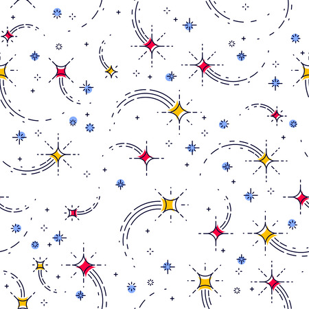 Space seamless background with stars, shooting stars, falling stars, undiscovered galaxy cosmic fantastic and interesting textile fabric for children, endless tiling pattern, vector illustration.のイラスト素材