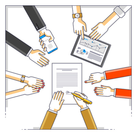 Businessman signs a document while team of business people presenting and explaining to him their analytics and plan, credit loan for startup investor, top view of people hands. Vector illustration.のイラスト素材