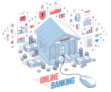 Online Banking concept, bank building with computer mouse connected isolated on white background. Isometric 3d vector finance illustration with icons, stats charts and design elements.のイラスト素材